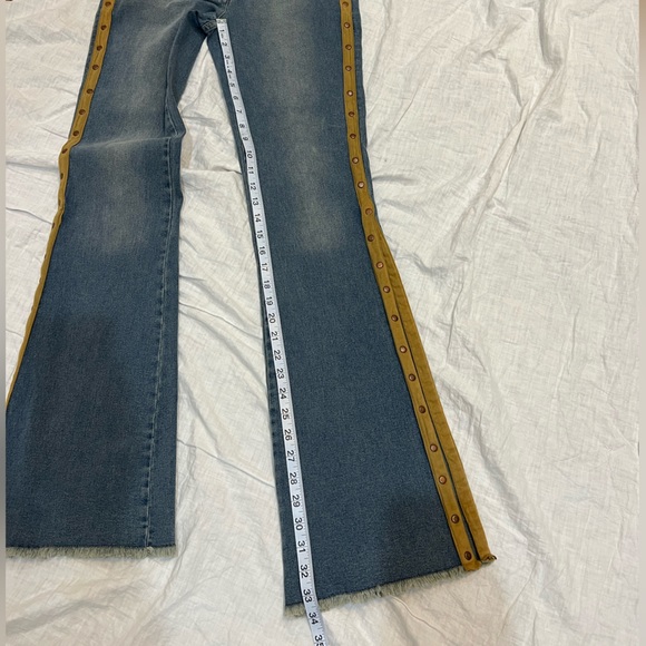 Bebe Flare Jeans with faux suede studded trim lines on the outer leg, Raw hem - Picture 7 of 11